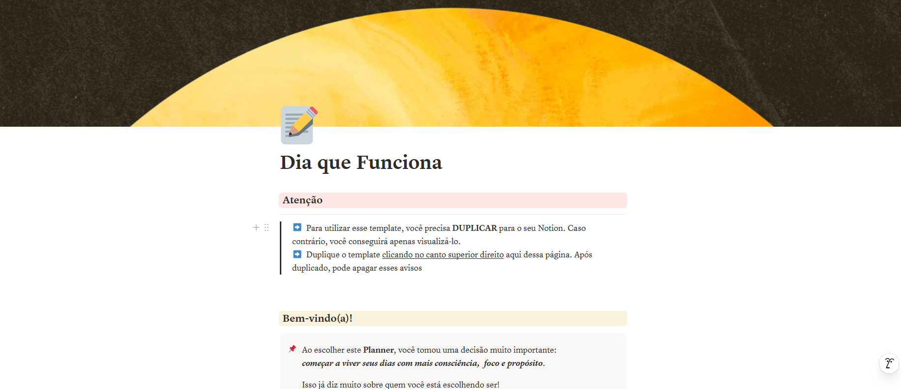 Versão Notion do planner Dia que Funciona aberta no computador
