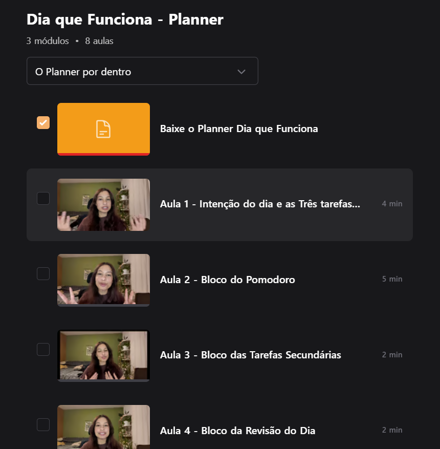 Aulas em vídeo ensinando como usar o planner e a versão Notion
